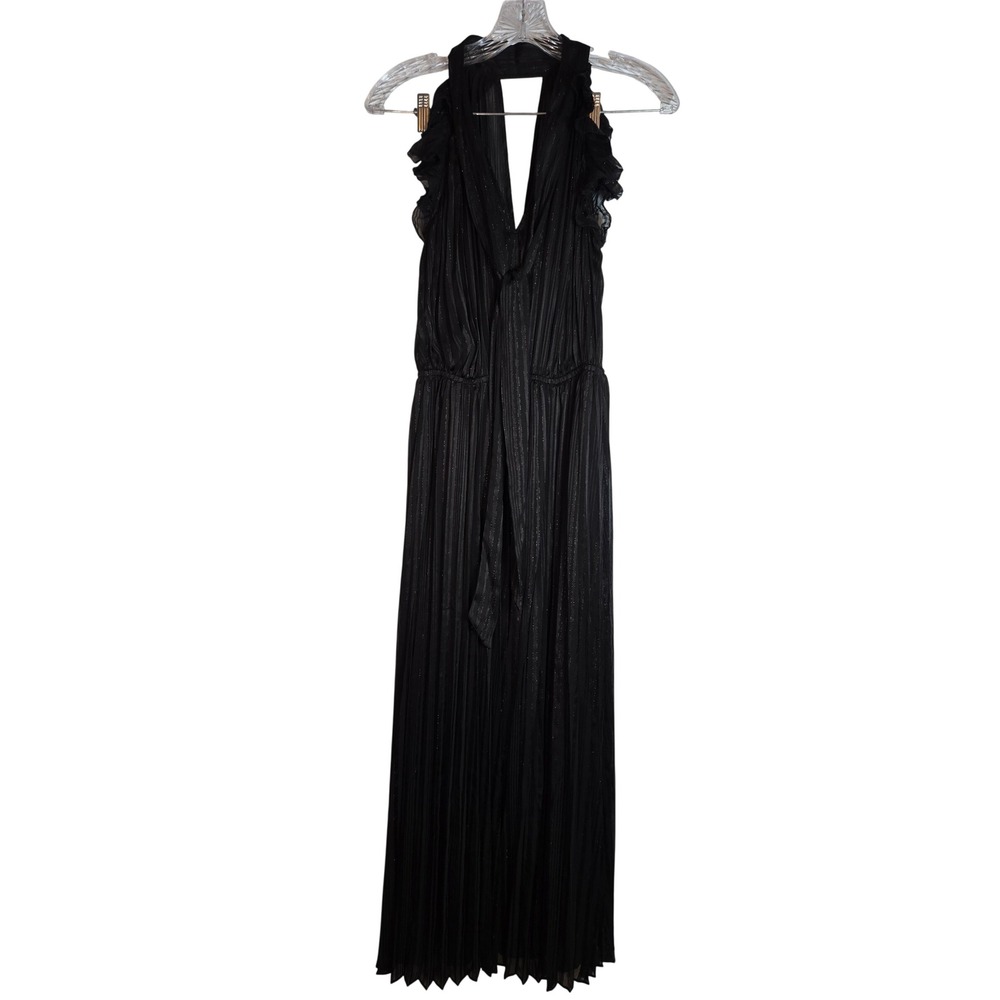 White House Black Market Black Metallic Pleated Halter Maxi Dress Ruffle Size 4